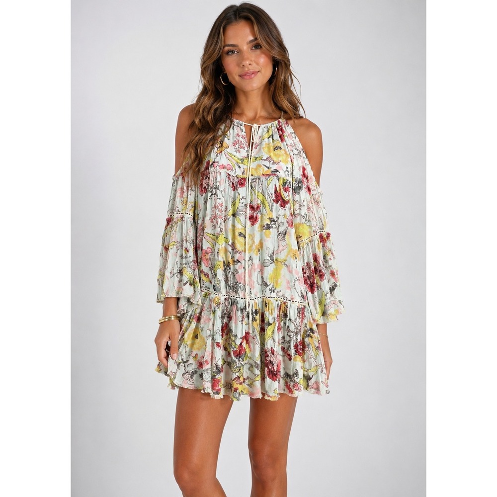 Z&L Europe Floral Crinkle Viscose Bell Sleeve Tiered Mini Boho Dress Small EUC